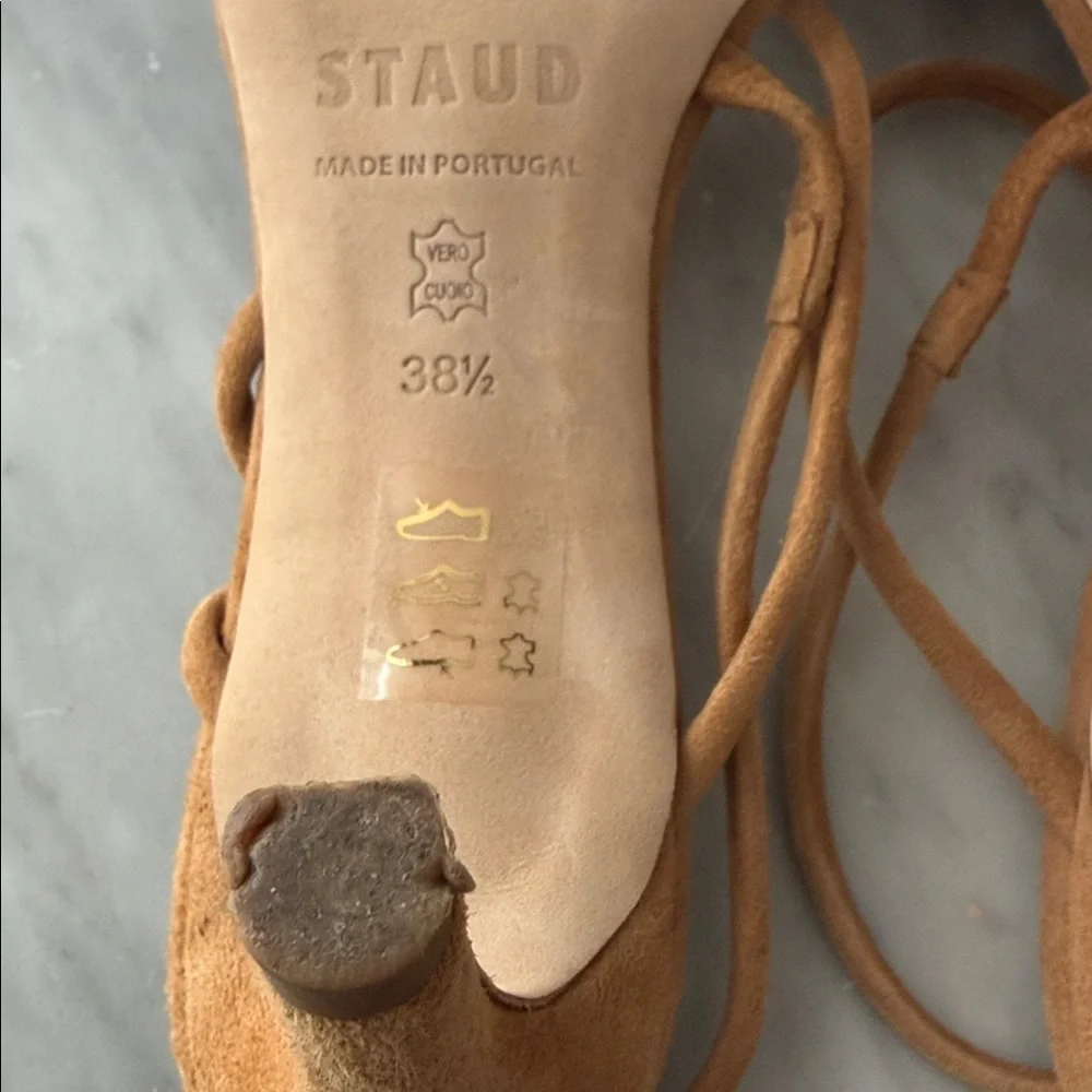 STAUD Tan Suede Strappy Heeled Sandals Rhinestone laurel Crystal heel size 38.5 - Picture 7 of 16